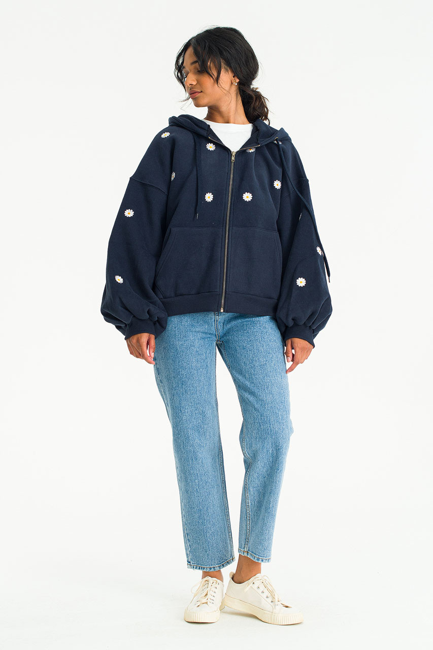 Fleece Daisy Zip Up Hoody, Navy