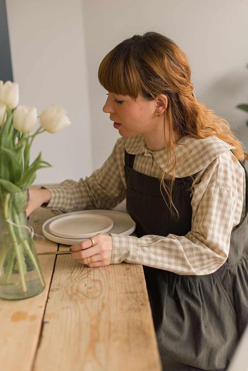 Peter Pan Collar Gingham Blouse, Beige