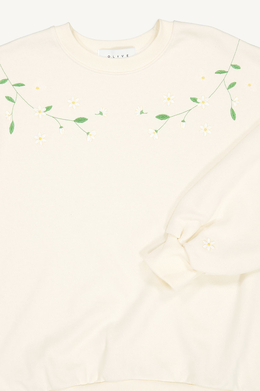 White Lilac Embroidery Sweatshirt, Ivory