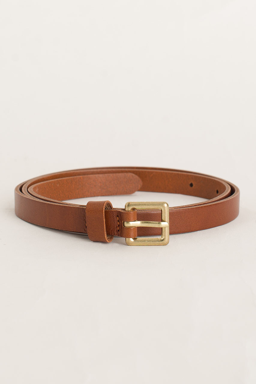 Square Leather Skinny Belt, Brown