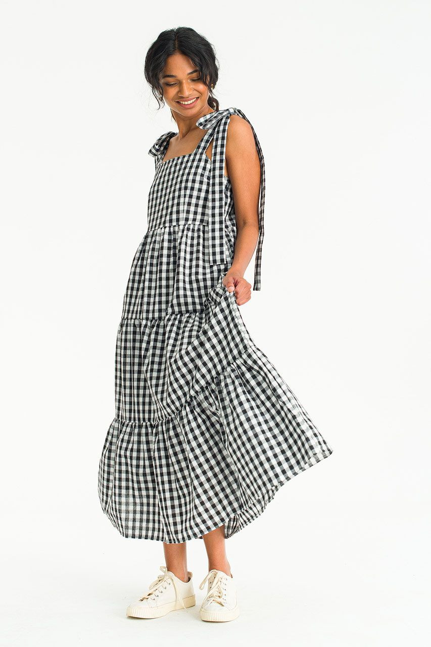 Lili Gingham Check Long Dress, Black
