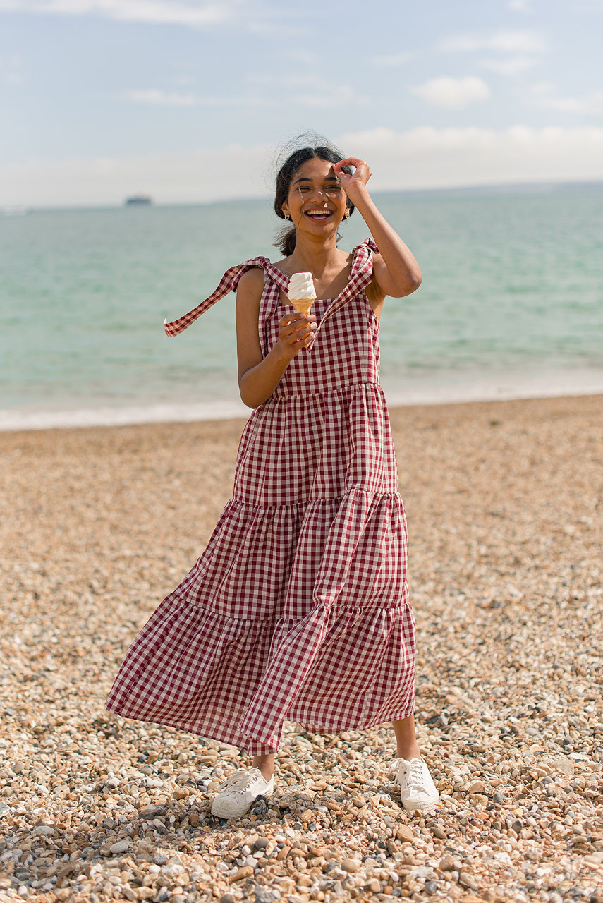 Belle Gingham Ribbon Dress, Cherry