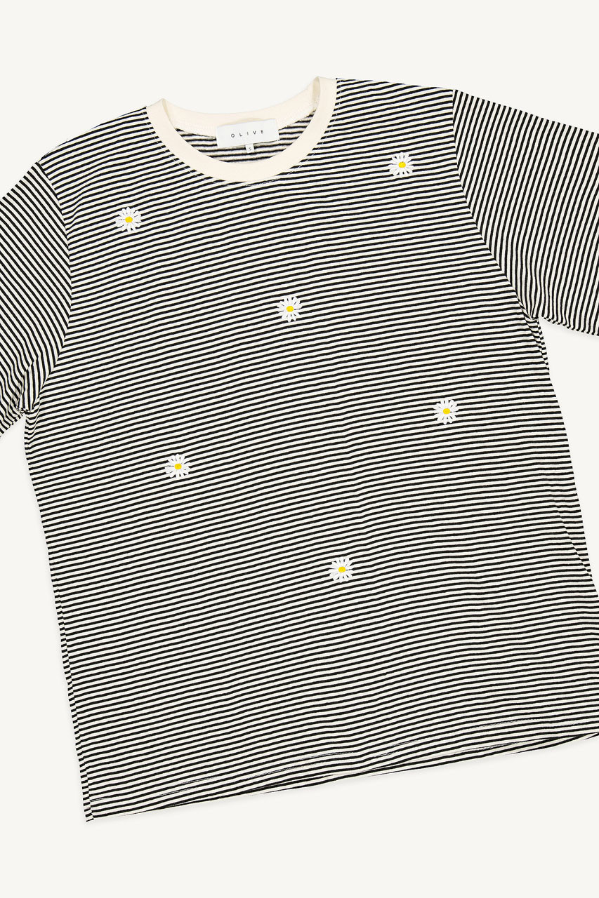 Daisy Embroidered Stripe Tee, Ivory