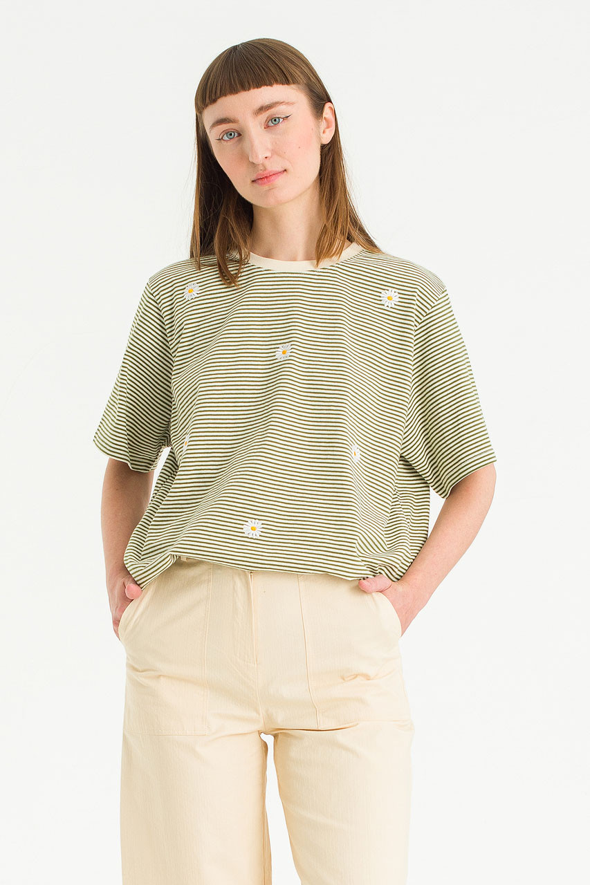 Daisy Embroidered Stripe Tee, Khaki