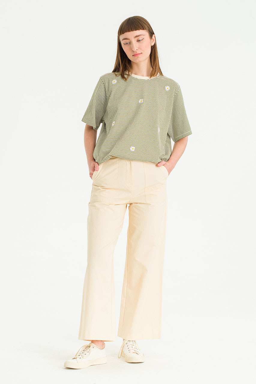 Daisy Embroidered Stripe Tee, Khaki