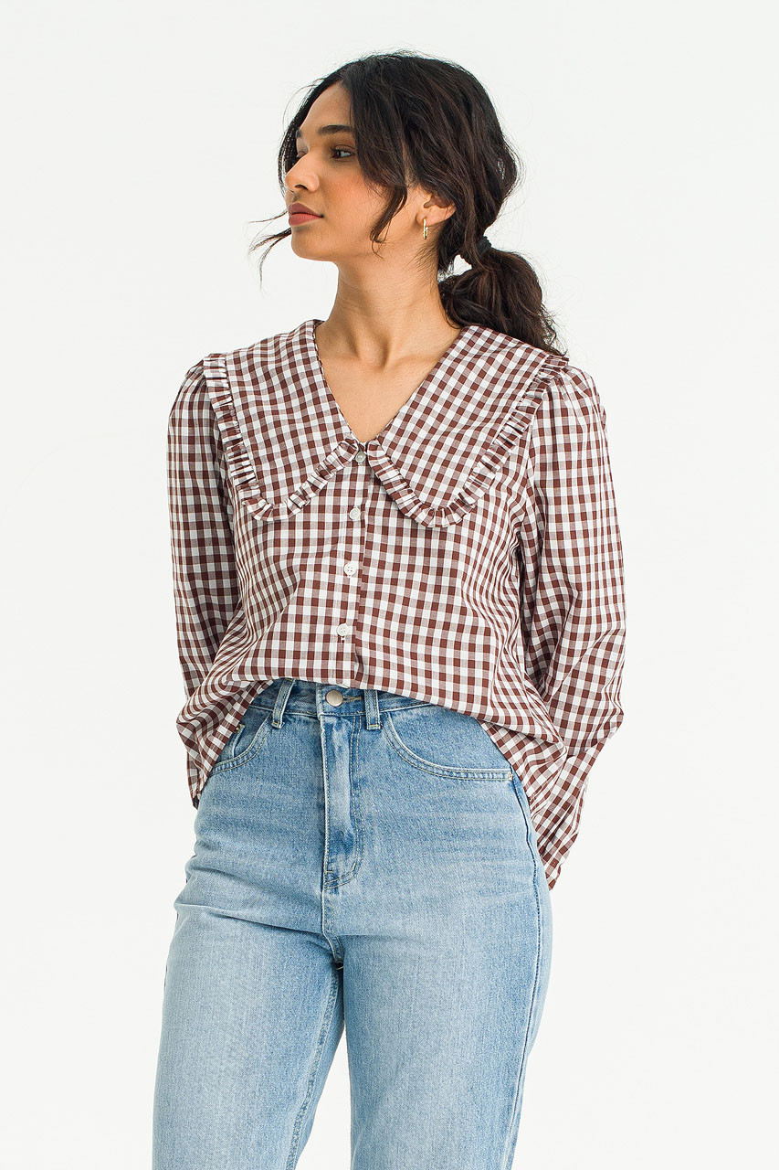 Soi Frill Collar Gingham Blouse, Brown