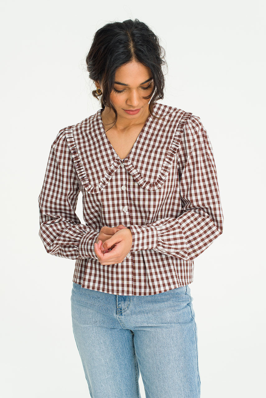 Frill Neck Gingham Blouse, Navy
