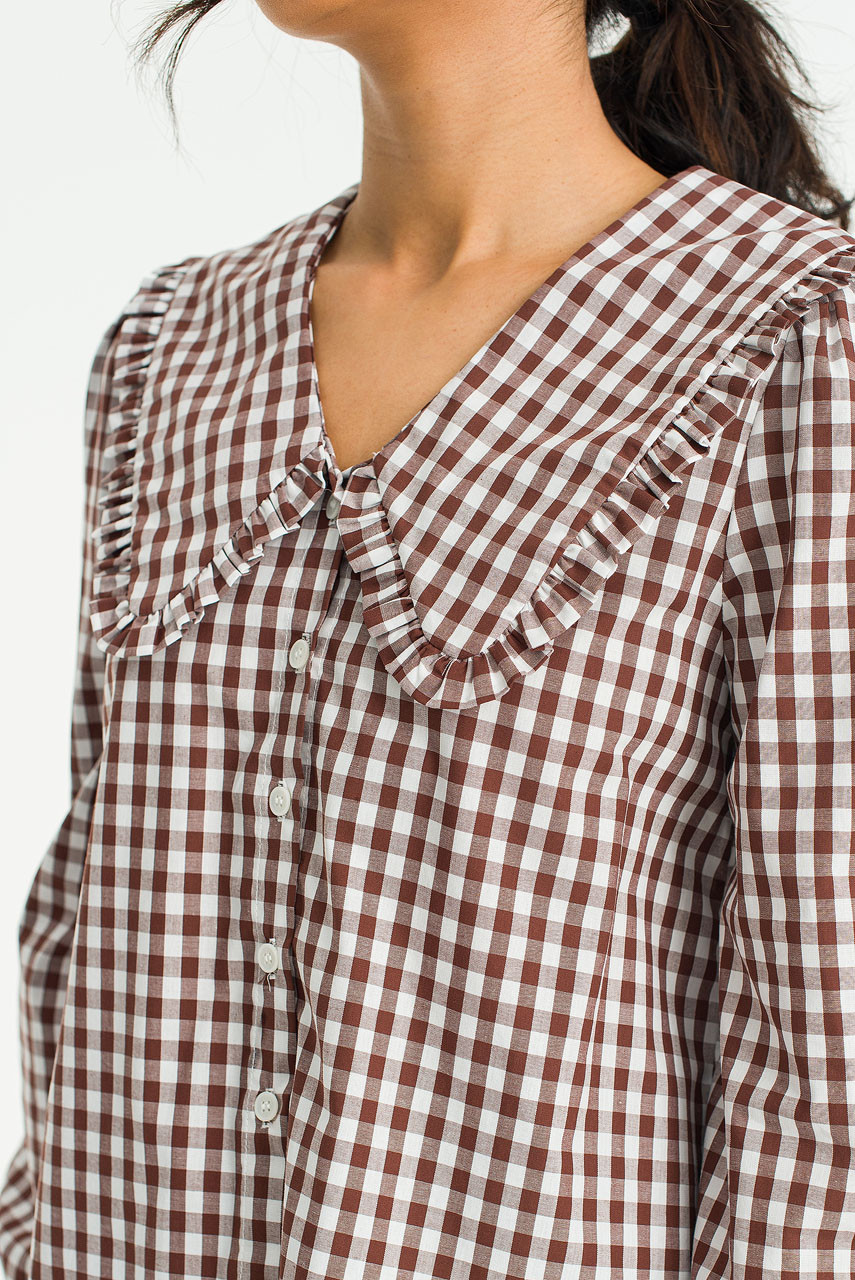 Soi Frill Collar Gingham Blouse, Brown