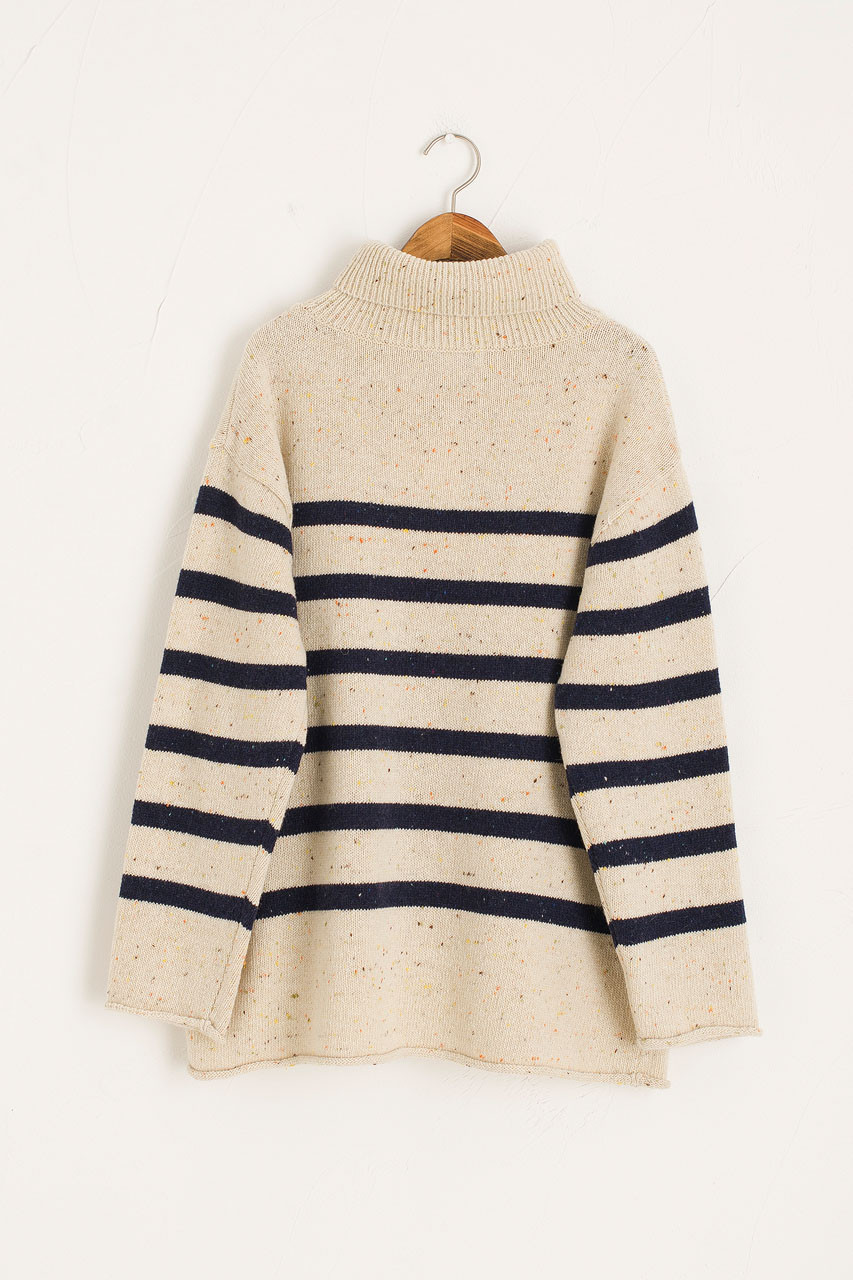 Oversize Stripe Boucle Roll Neck Jumper, Ivory/Navy
