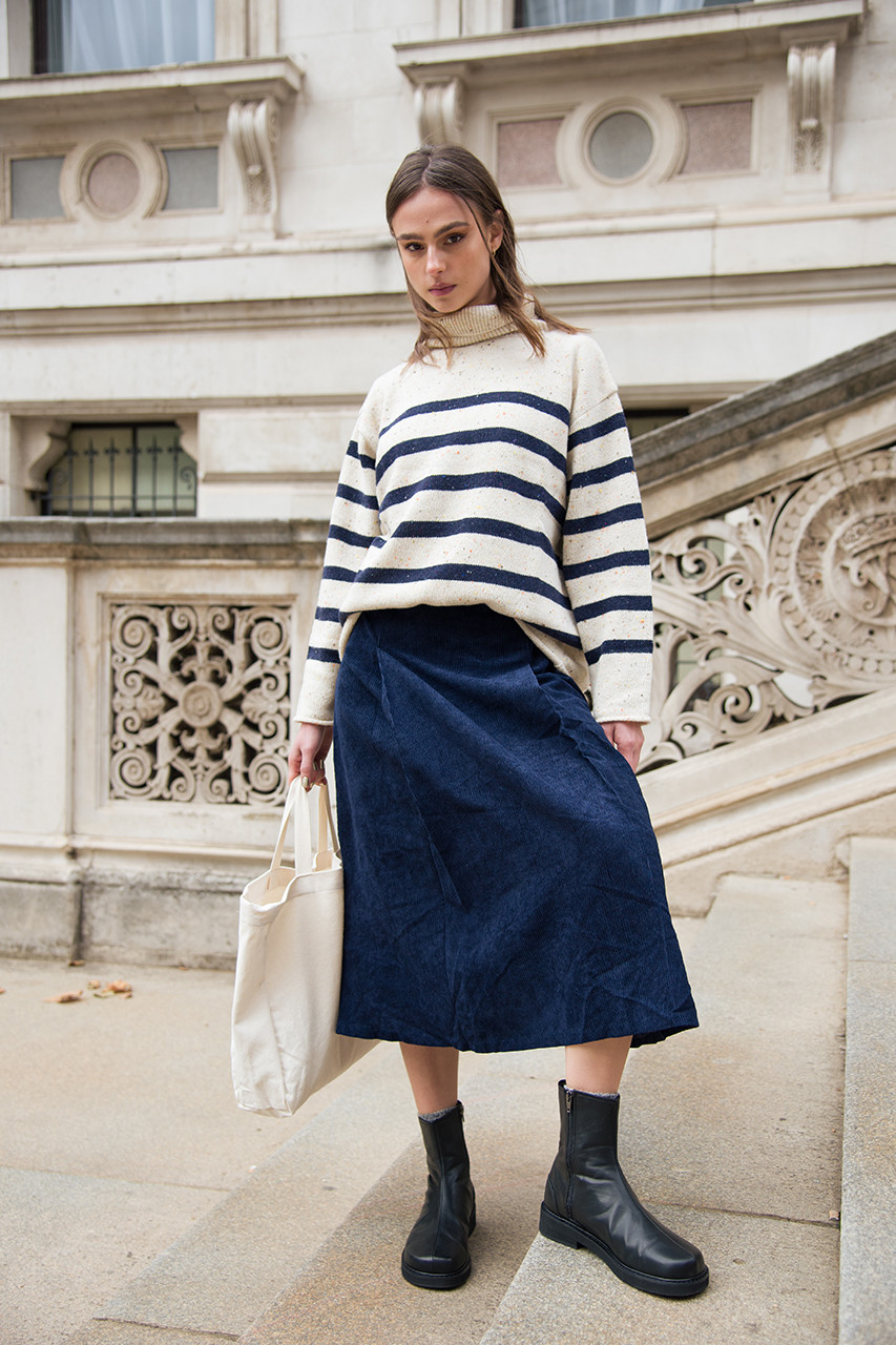 Oversize Stripe Boucle Roll Neck Jumper, Ivory/Navy