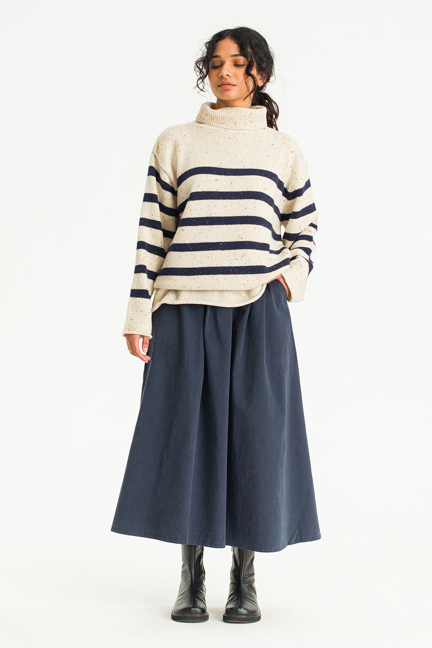Oversize Stripe Boucle Roll Neck Jumper, Ivory/Navy