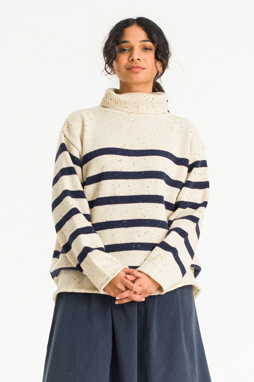 Oversize Stripe Boucle Roll Neck Jumper, Ivory/Navy