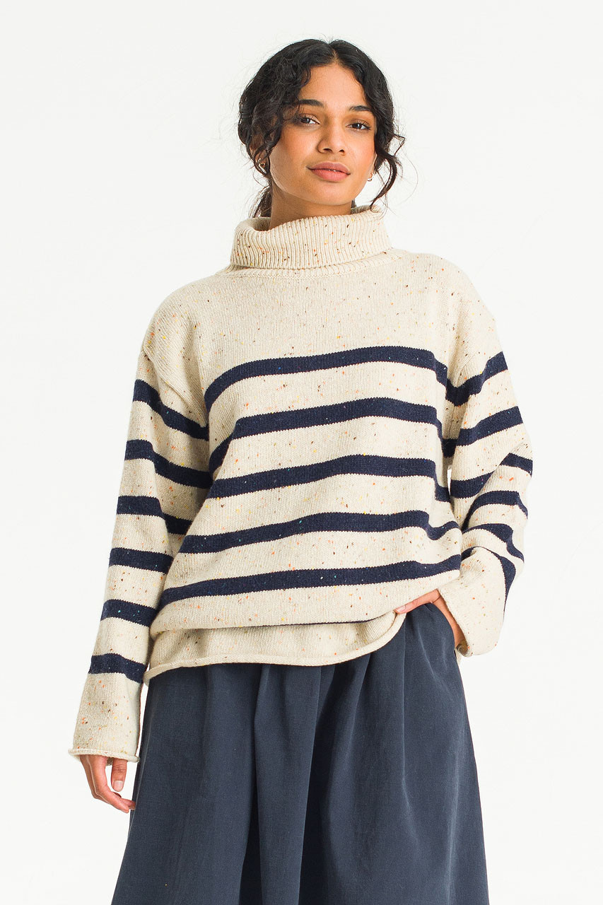 Oversize Stripe Boucle Roll Neck Jumper, Ivory/Navy