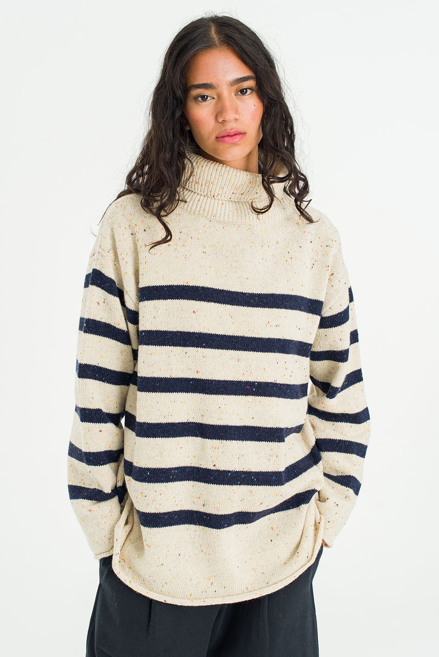 Oversize Stripe Boucle Roll Neck Jumper, Ivory/Navy
