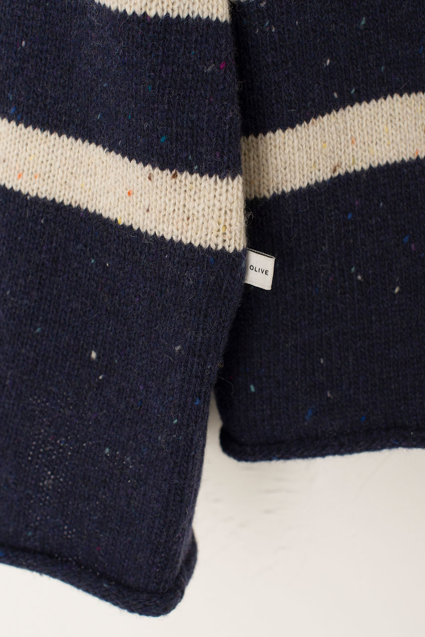 Oversize Stripe Boucle Roll Neck Jumper, Navy/Ivory