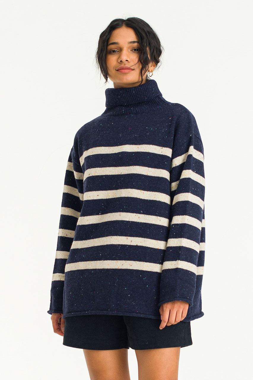 Oversize Stripe Boucle Roll Neck Jumper, Navy/Ivory