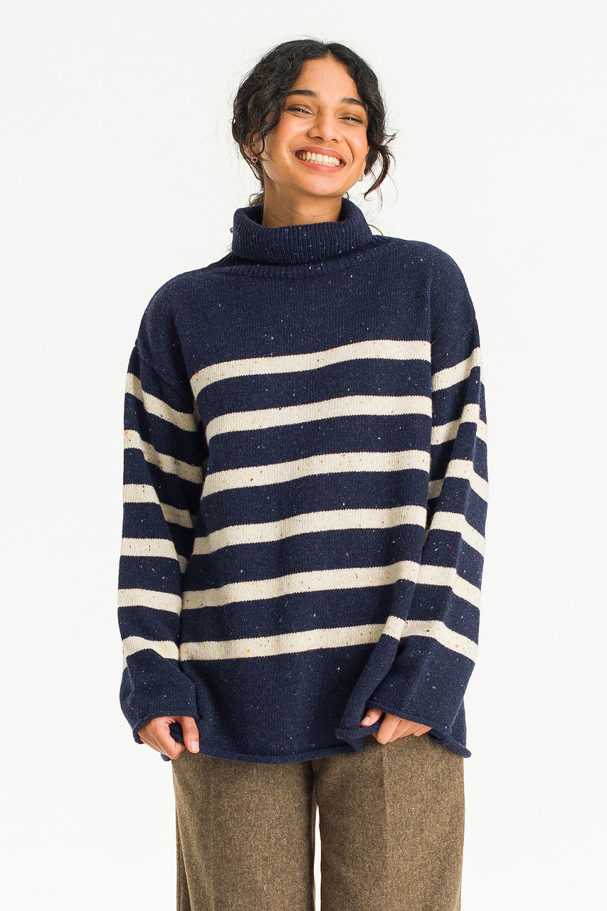 Oversize Stripe Boucle Roll Neck Jumper, Navy/Ivory