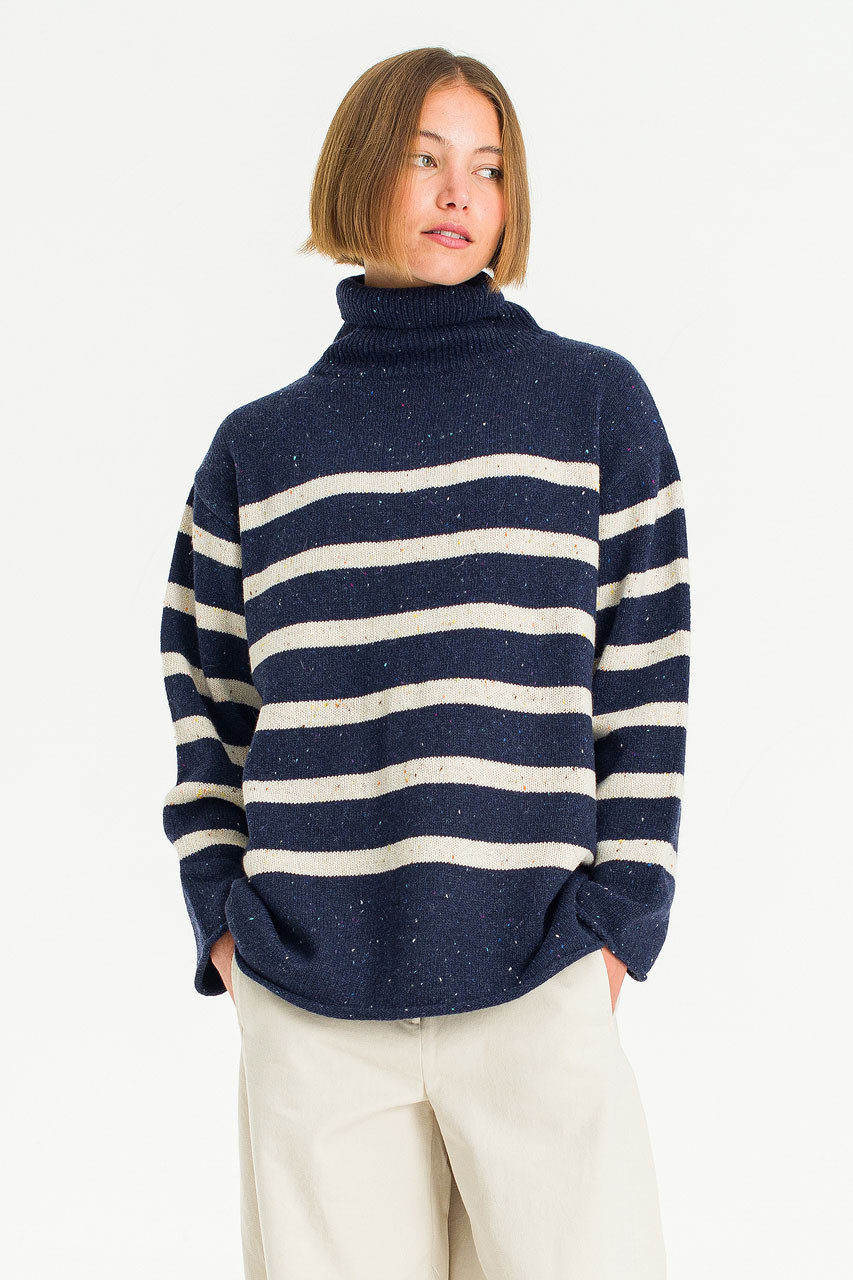 Oversize Stripe Boucle Roll Neck Jumper, Navy/Ivory