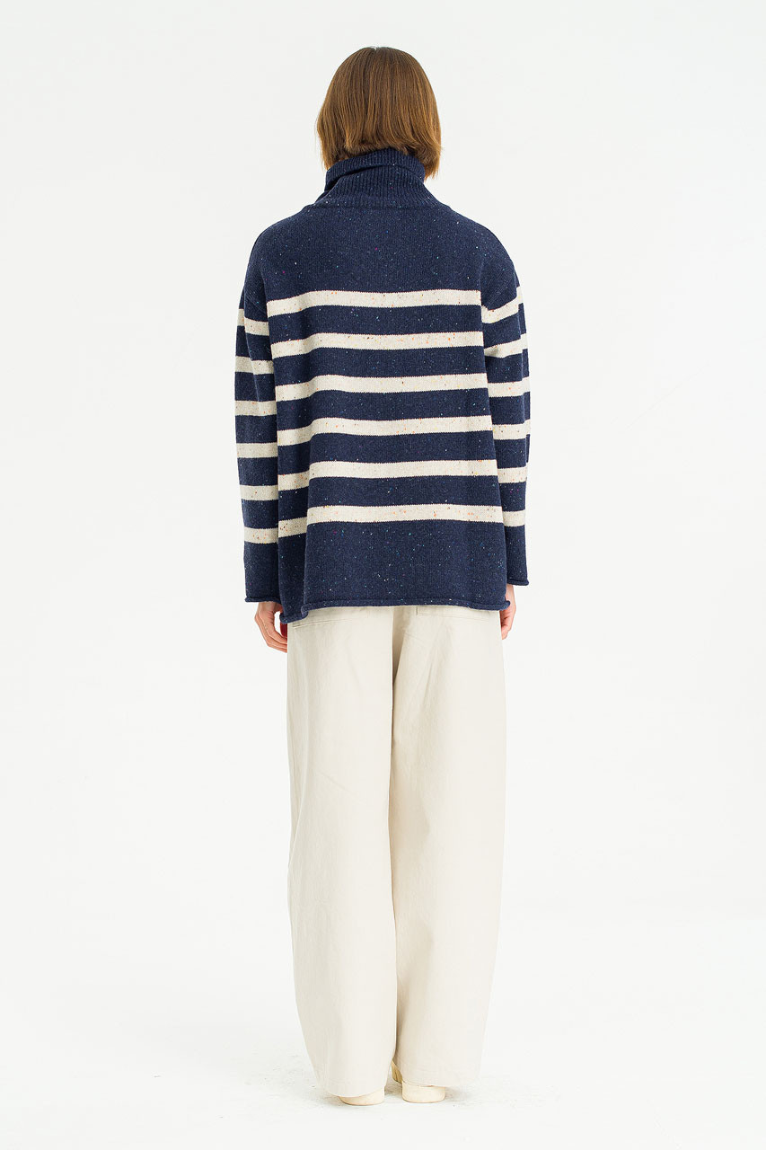 Oversize Stripe Boucle Roll Neck Jumper, Navy/Ivory