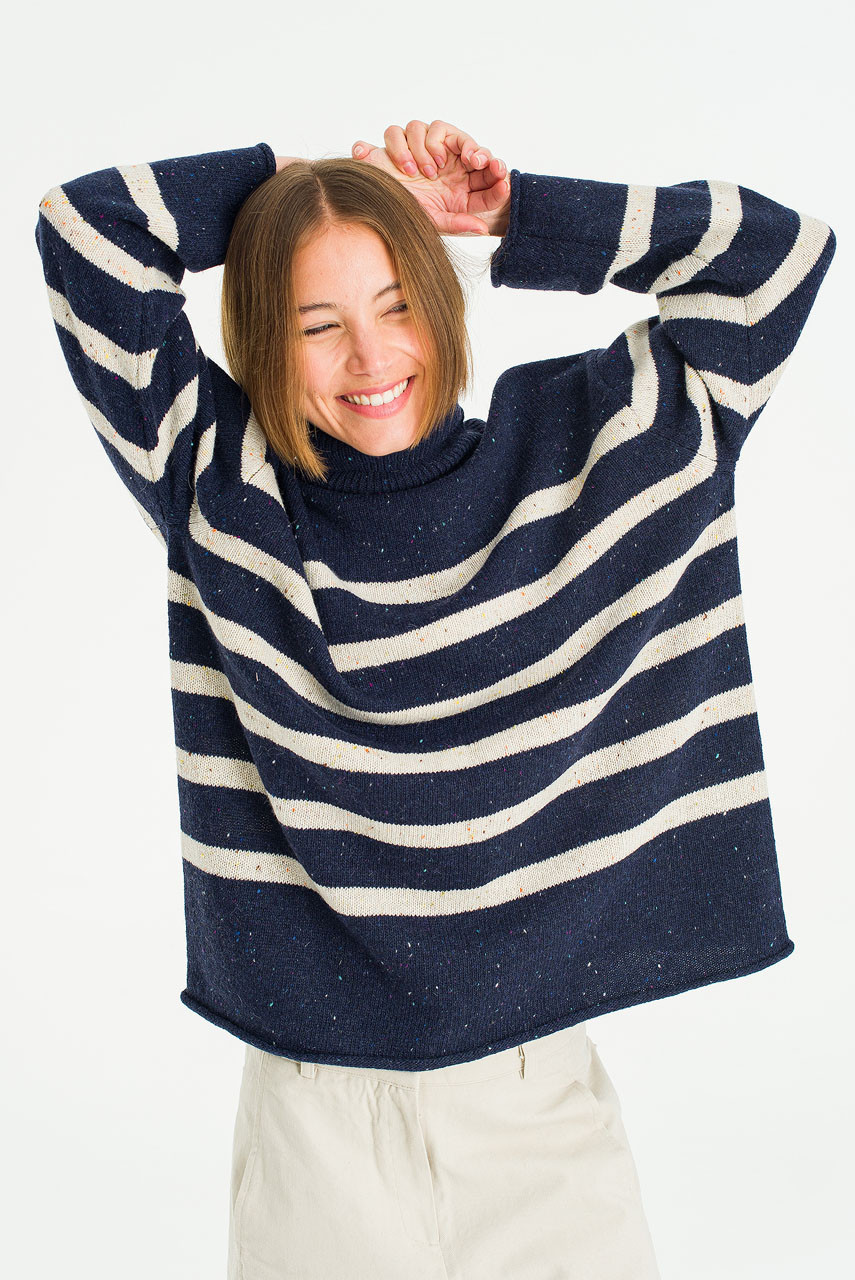 Oversize Stripe Boucle Roll Neck Jumper, Navy/Ivory