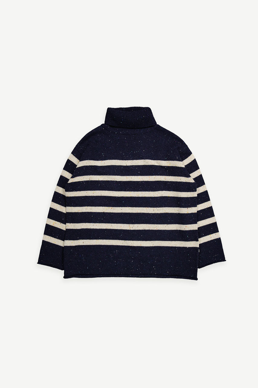 Oversize Stripe Boucle Roll Neck Jumper, Navy/Ivory