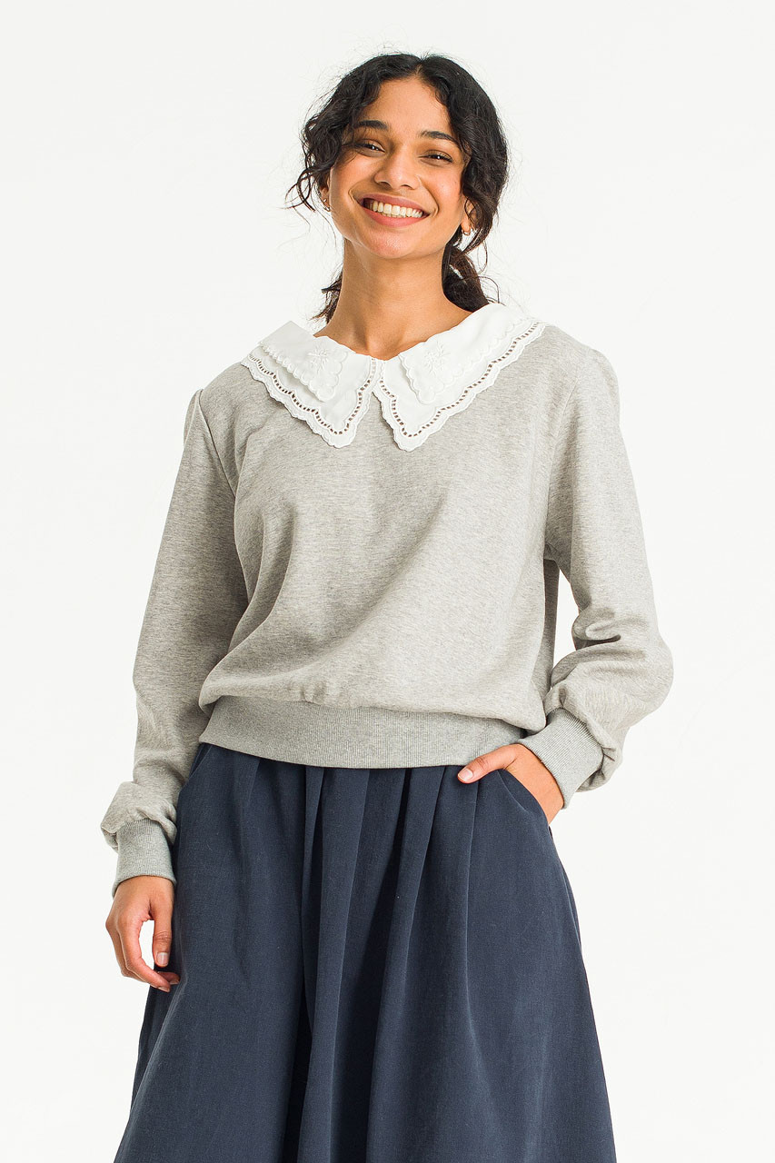 Layered Collar Fleece Sweatshirt, Grey