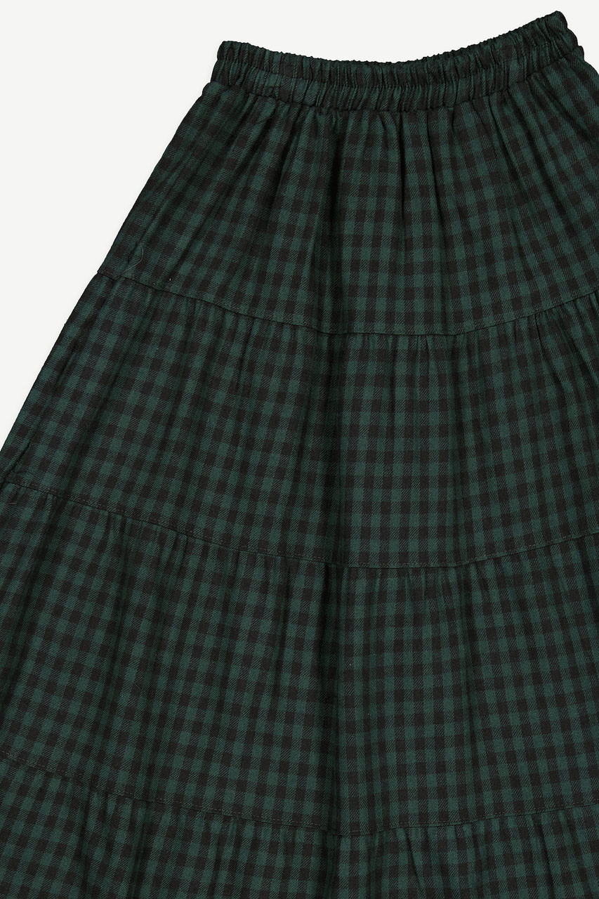 Yua Gingham Tiered Skirt, Green