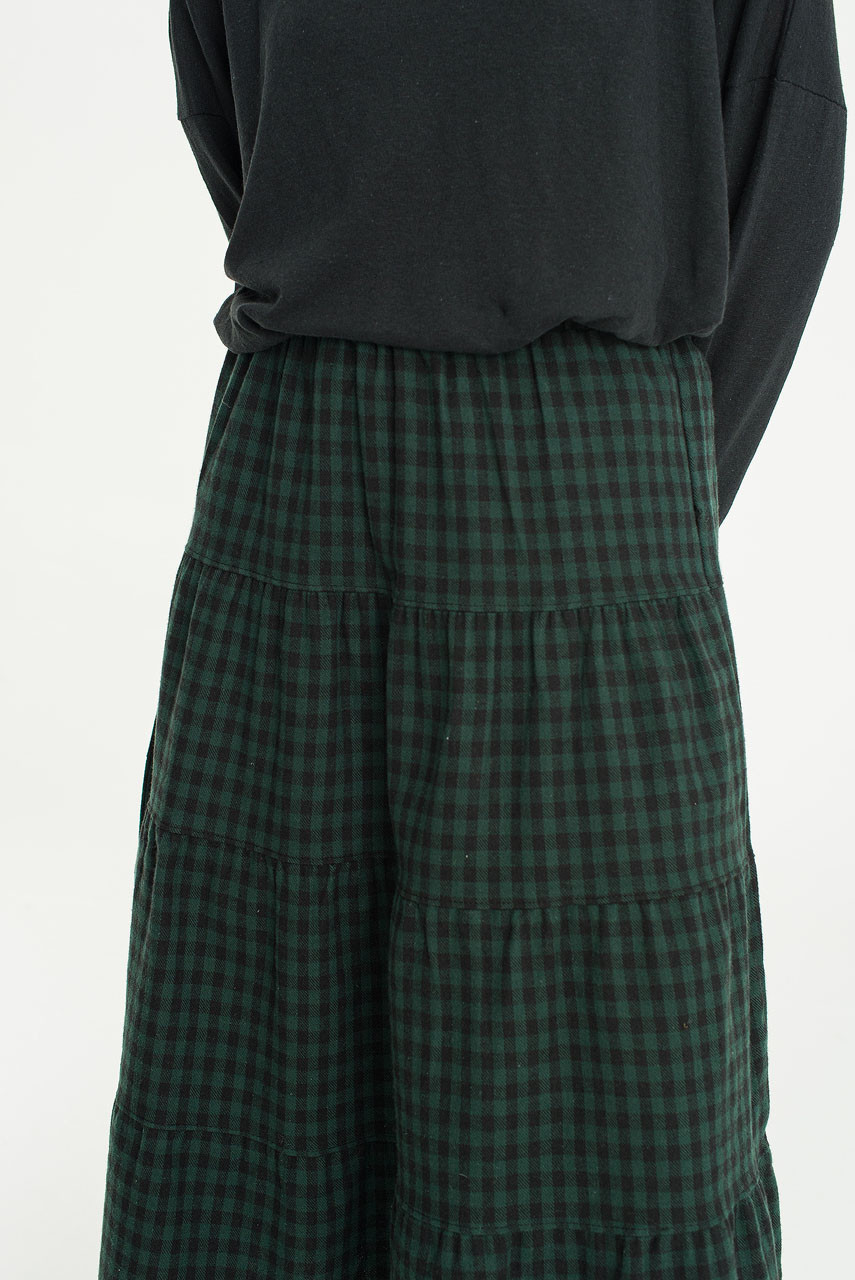 Yua Gingham Tiered Skirt, Green