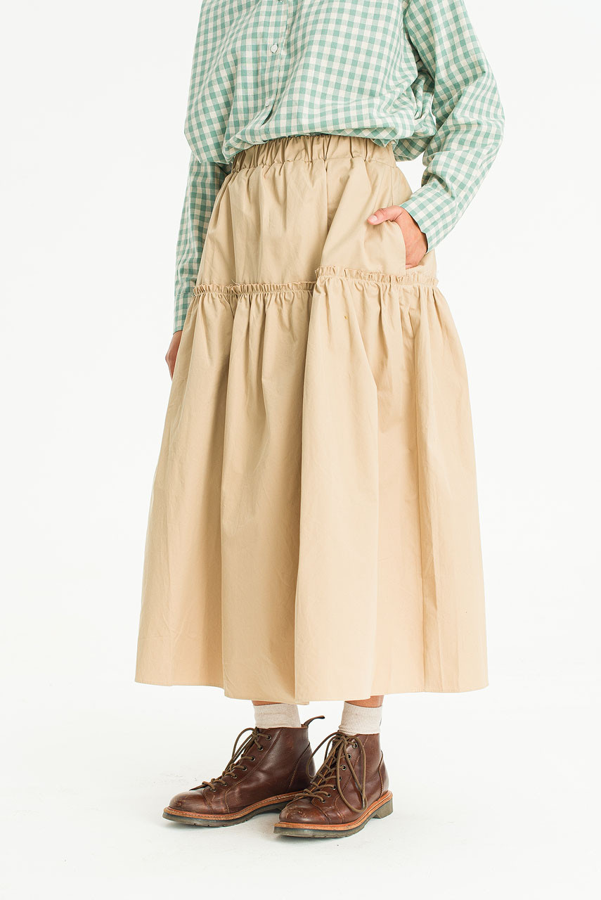 Frill Tiered Cotton Skirt, Beige