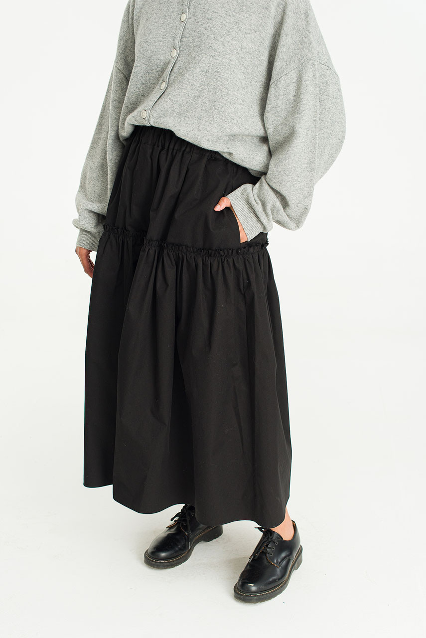 Frill Tiered Cotton Skirt, Black
