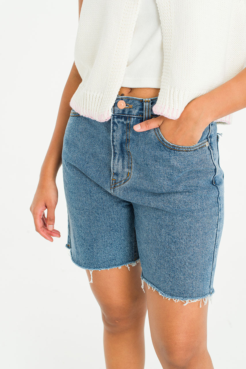 Raw Edge Mom Shorts, Mid Blue