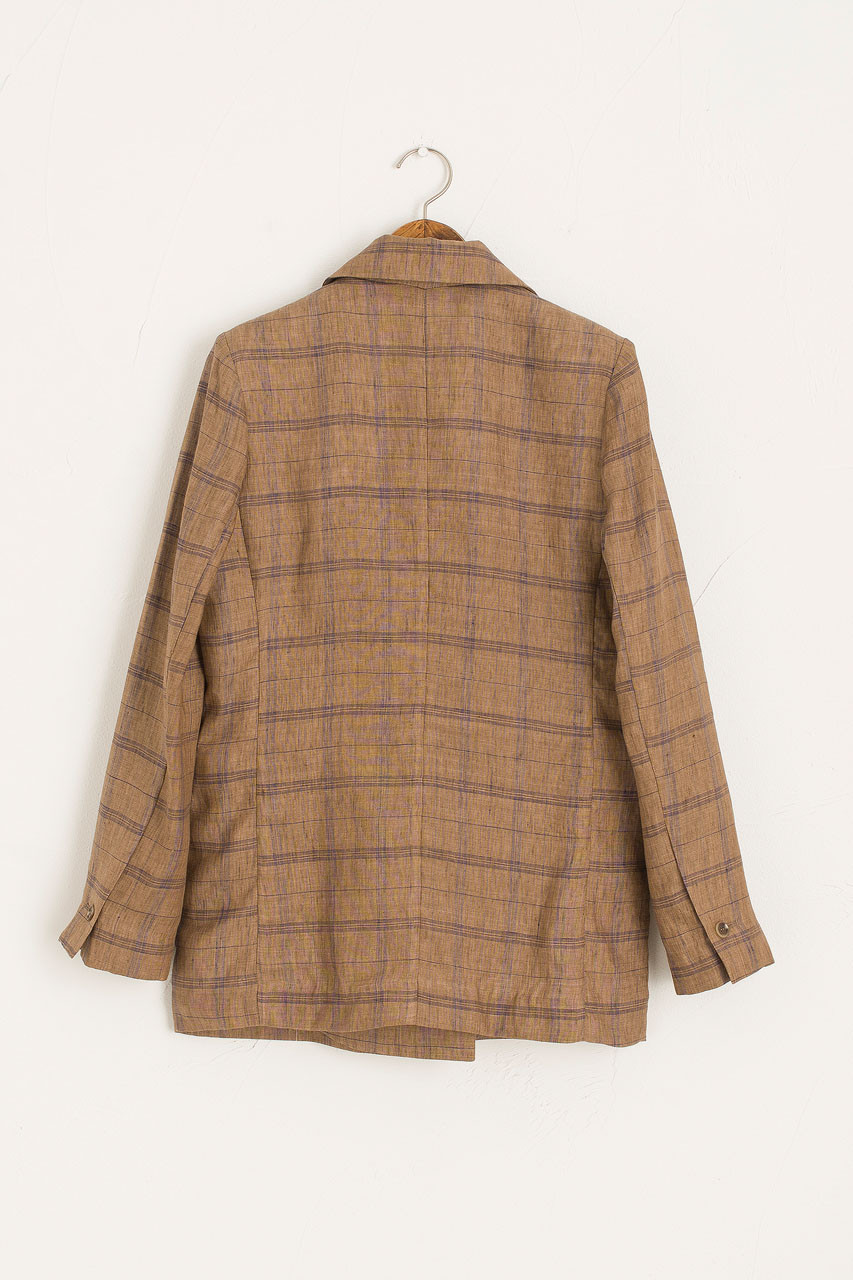 Linen Double Button Check Jacket, Brown
