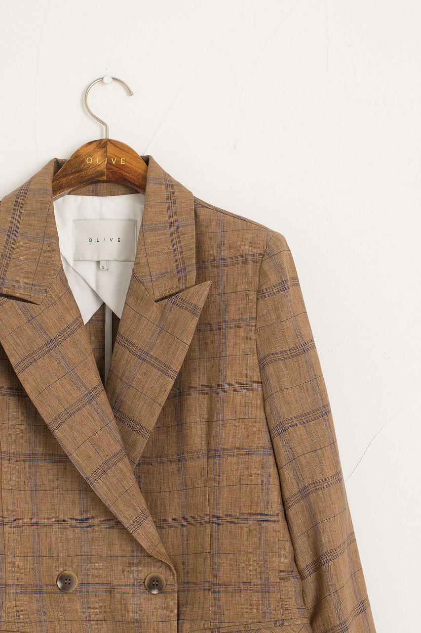 Linen Double Button Check Jacket, Brown