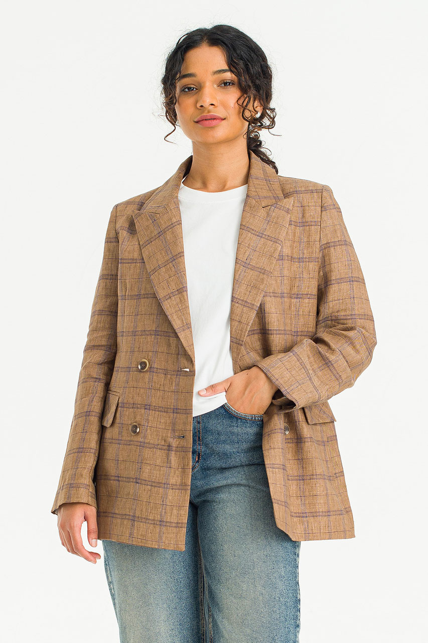 Linen Double Button Check Jacket, Brown