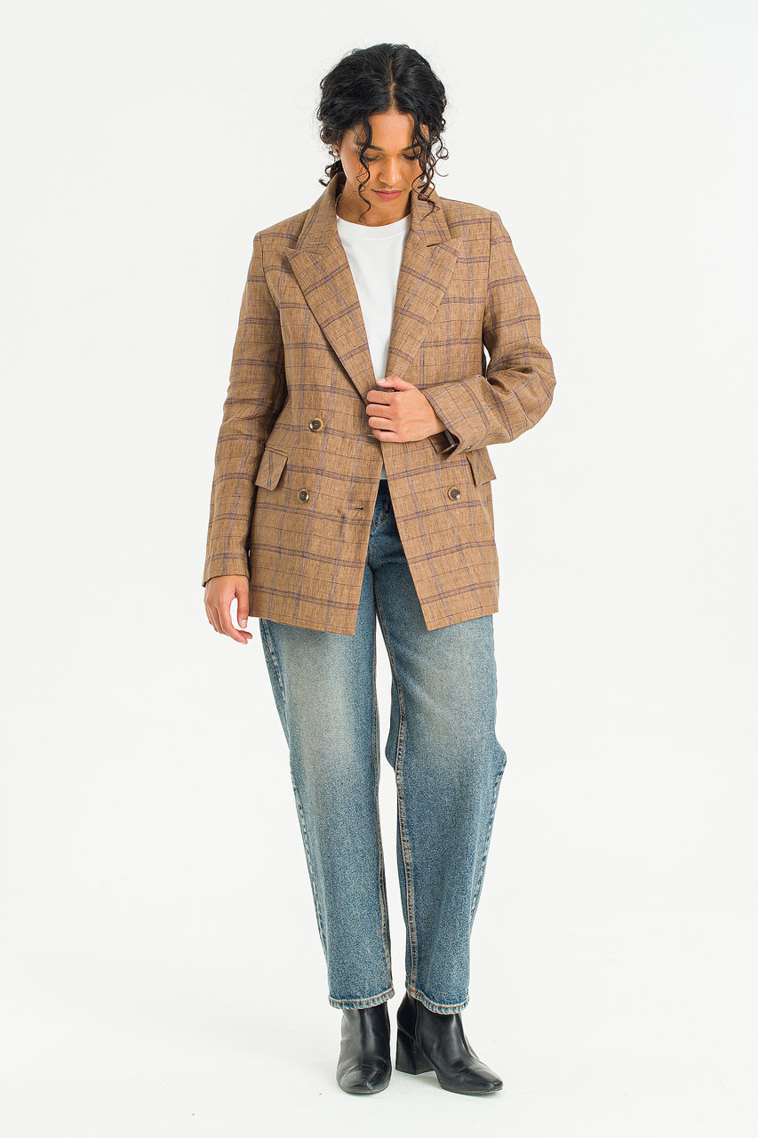 Linen Double Button Check Jacket, Brown