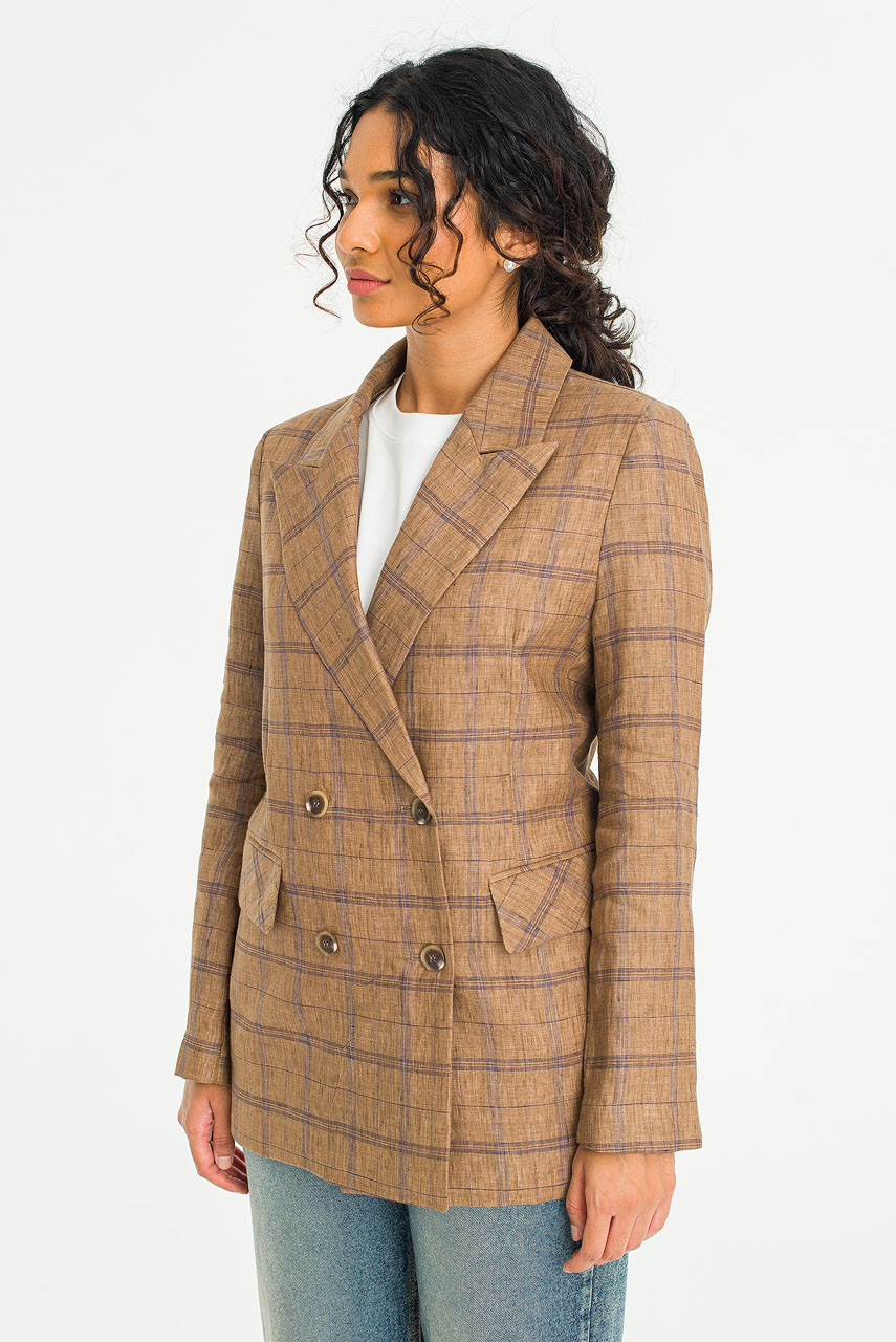 Linen Double Button Check Jacket, Brown
