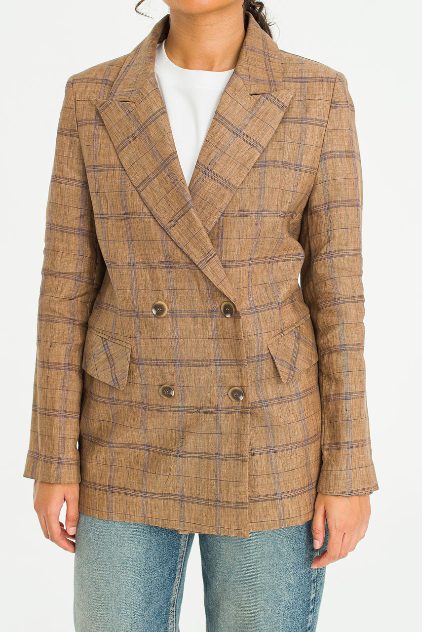Linen Double Button Check Jacket, Brown