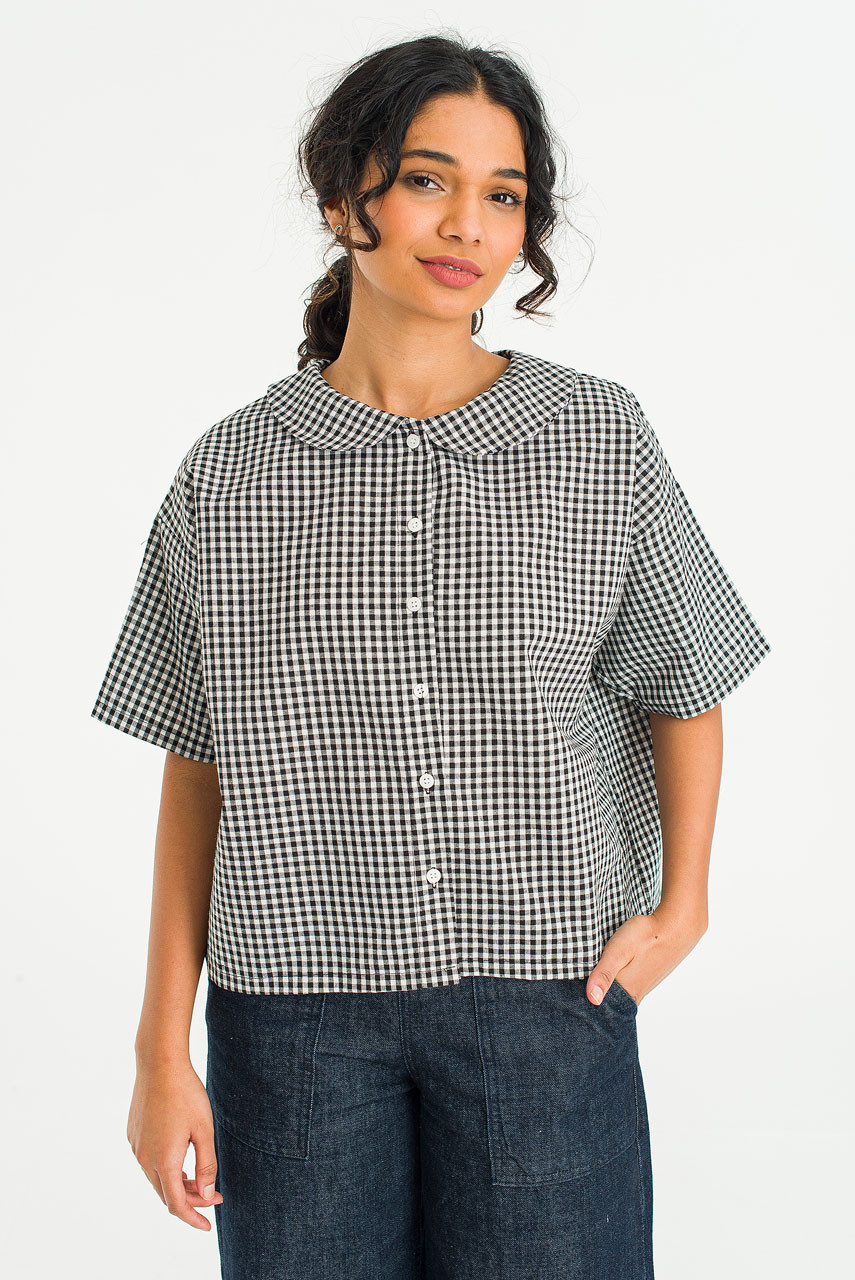 Frill Neck Gingham Blouse, Navy
