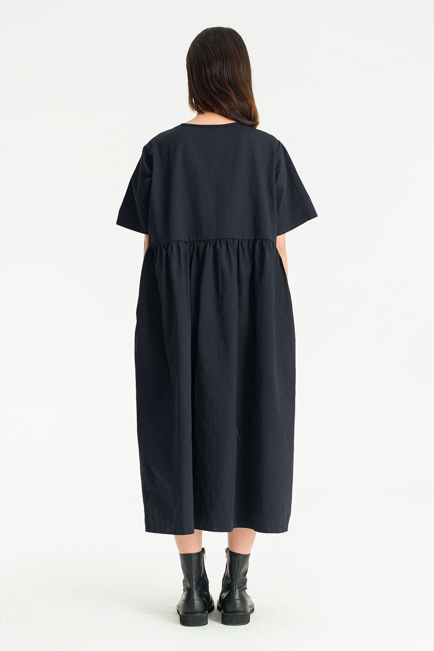 Short Sleeve Ribbon Back Cotton Dress, Navy