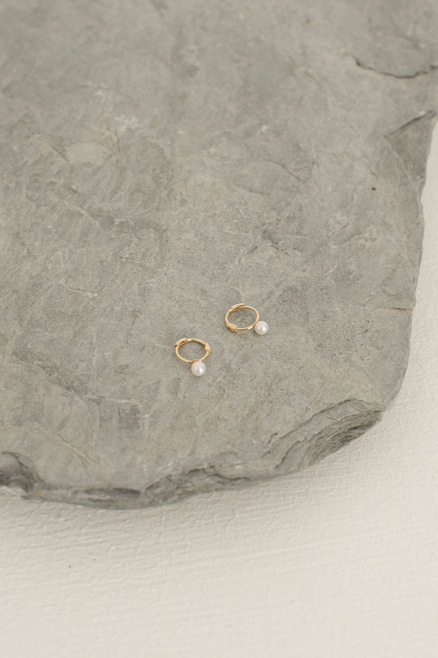 Tiny Pearl Hoop Earrings, 14K Gold