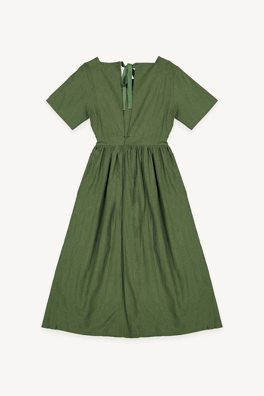 Square Neck Linen Dress, Green