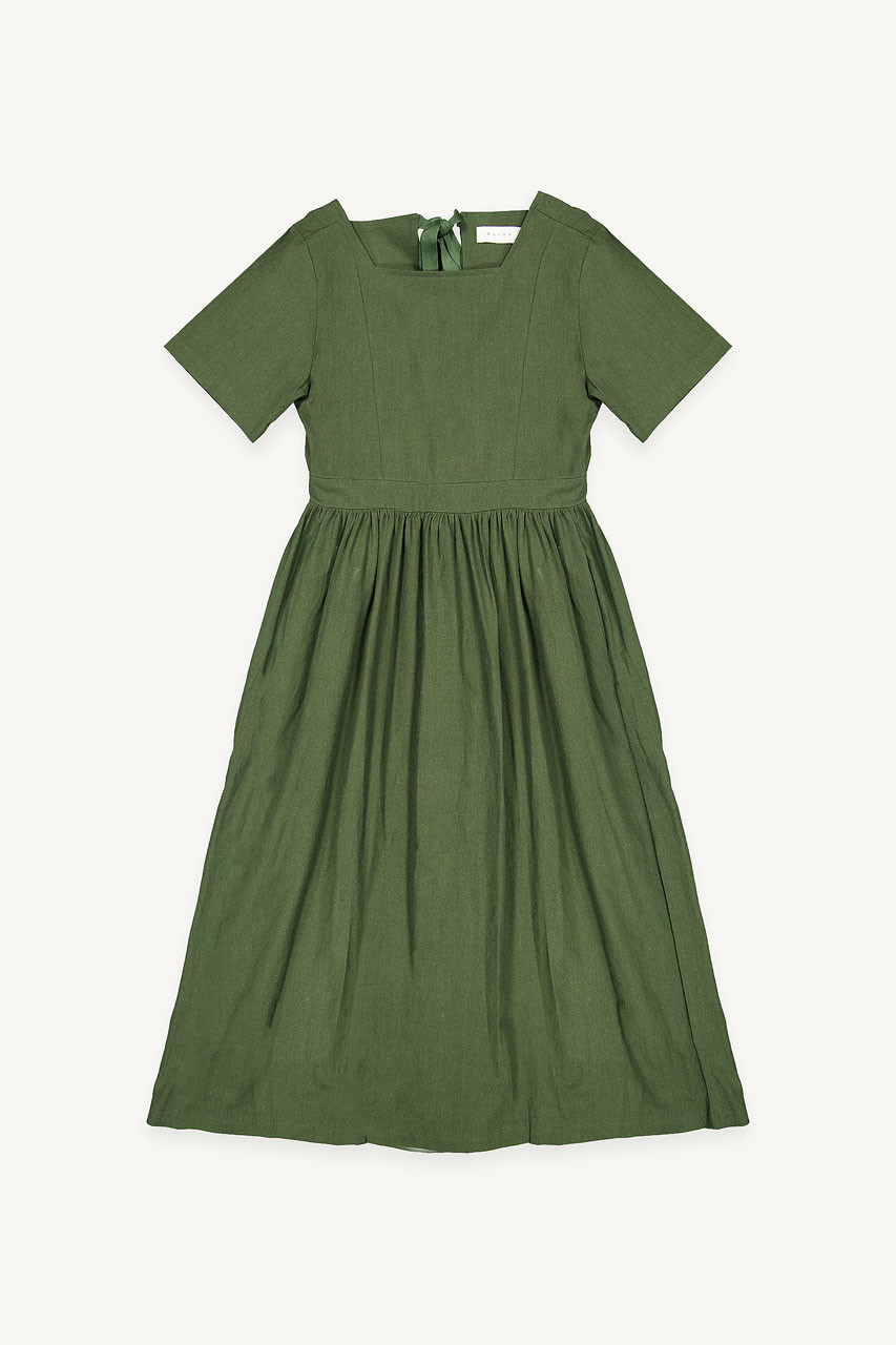 Square Neck Linen Dress, Green