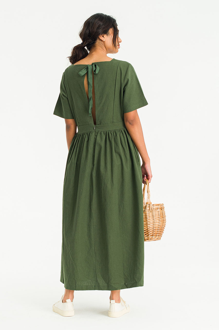 Square Neck Linen Dress, Green