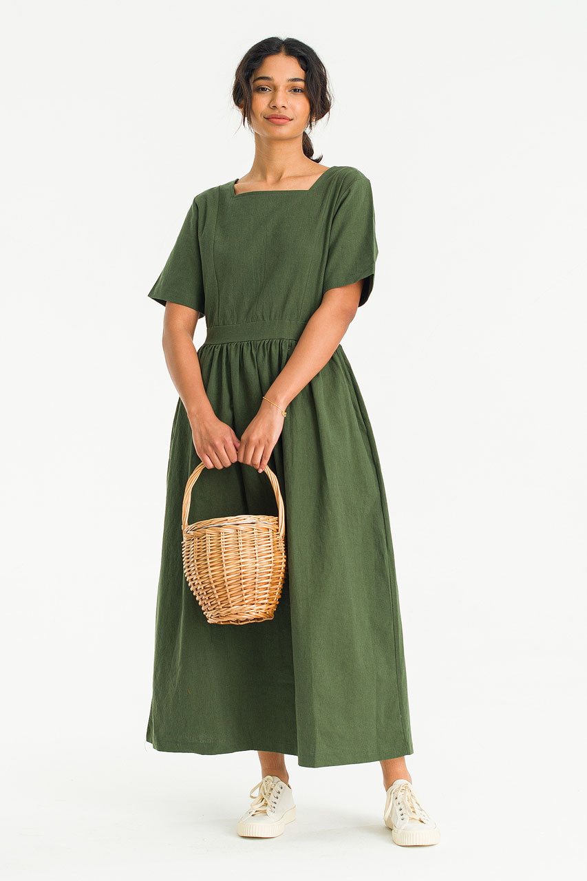 Square Neck Linen Dress, Green
