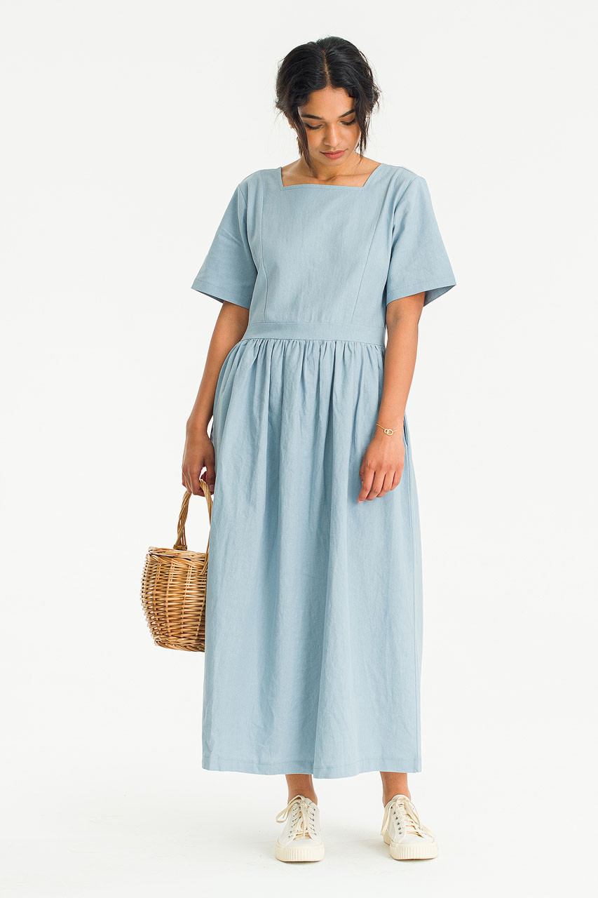 Square Neck Linen Dress, Blue