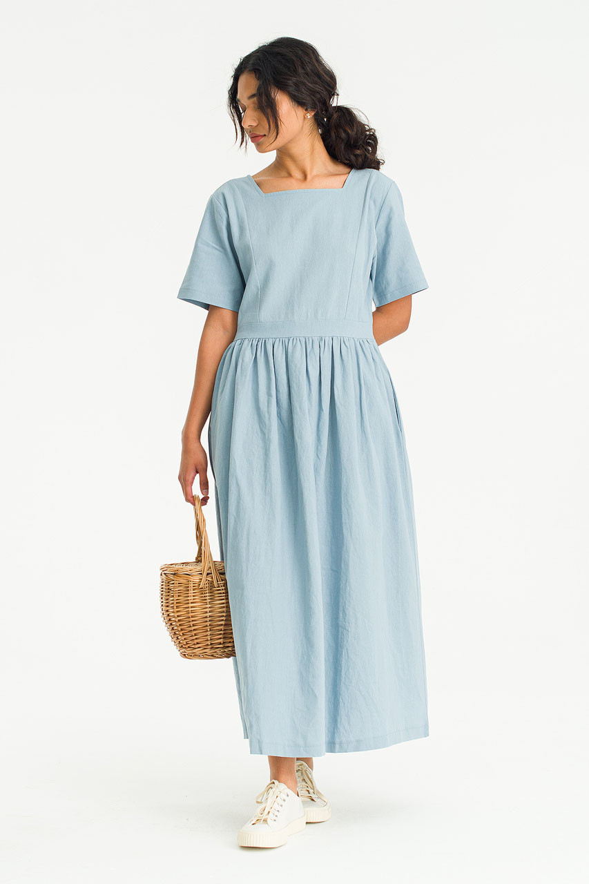 Square Neck Linen Dress, Blue