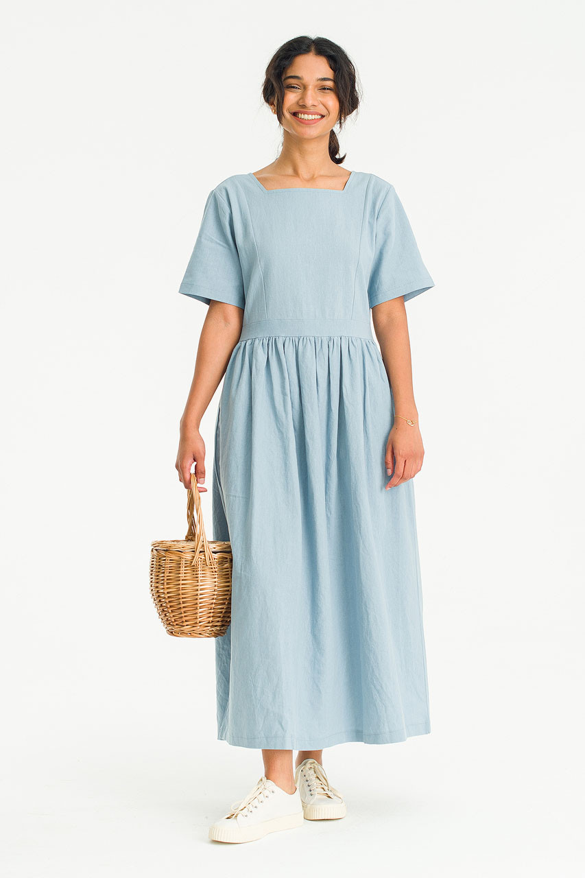 Square Neck Linen Dress, Blue