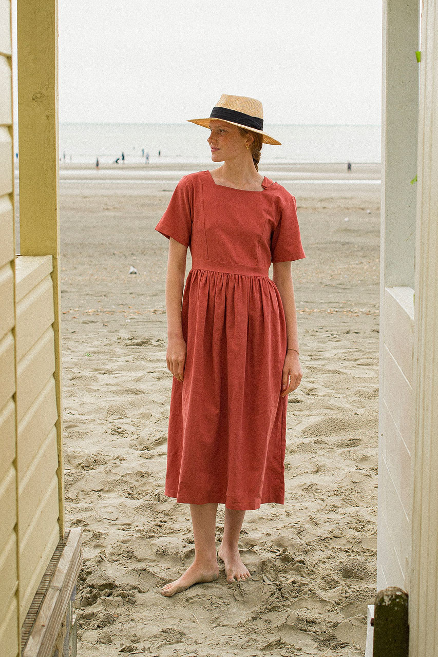 Square Neck Linen Dress, Brick