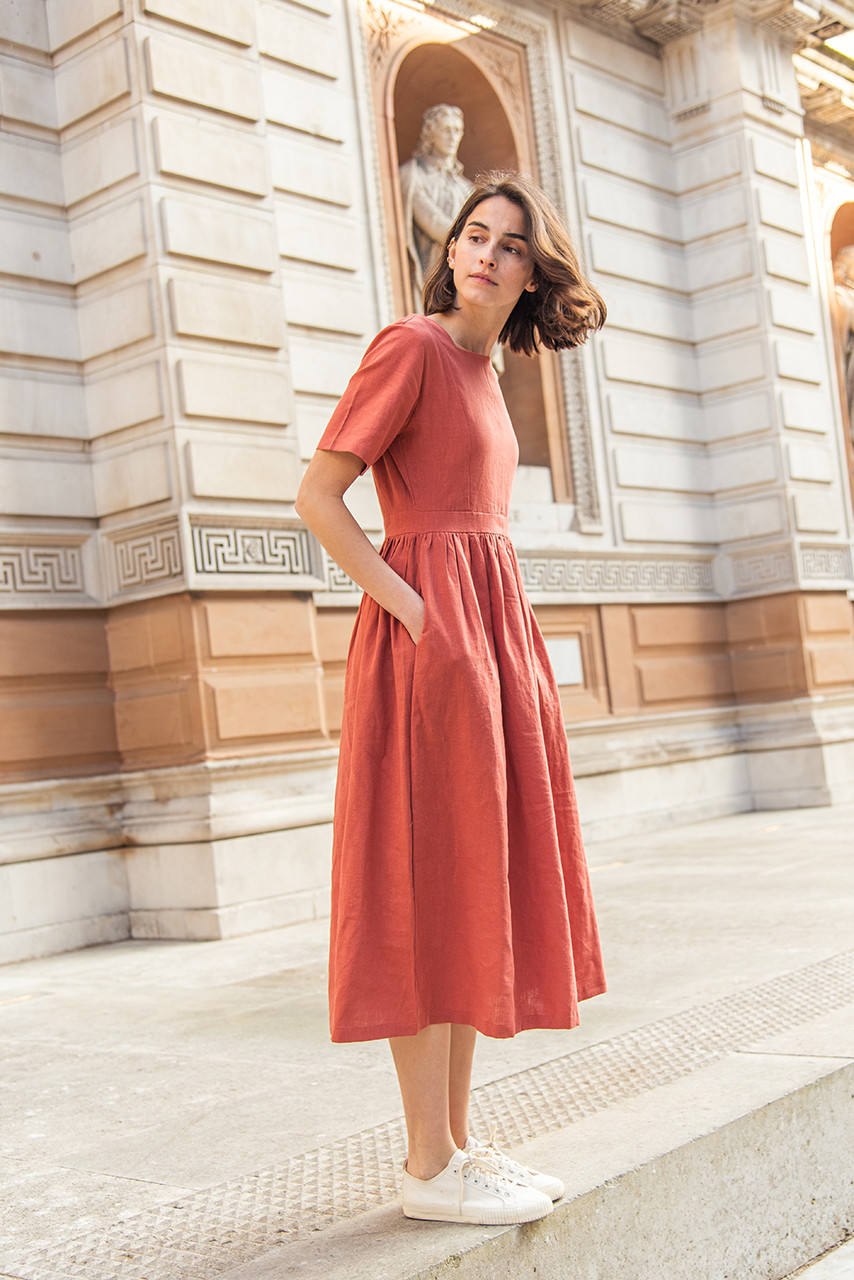 Square Neck Linen Dress, Brick