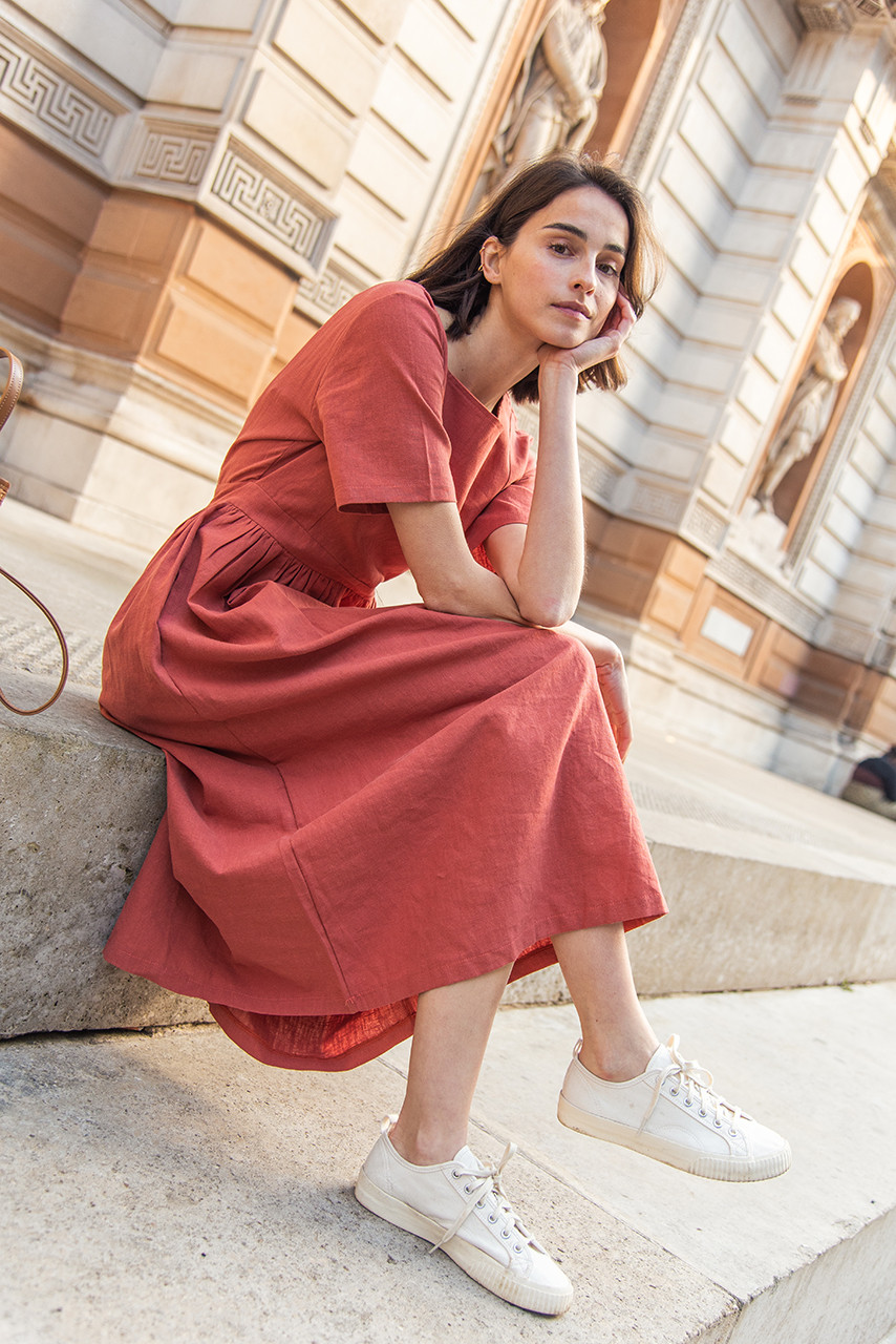 Square Neck Linen Dress, Brick